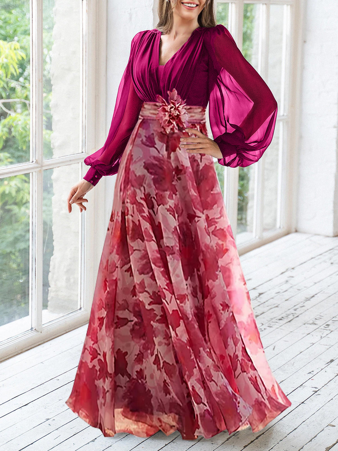 Robe de Mère de la Mariée Grande Taille à Fleurs, Coupe A-Line/Princesse, Col en V, Manches Longues, Longueur Au Sol