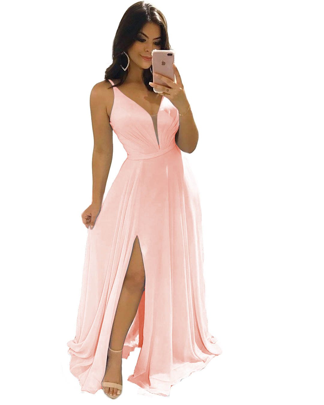 Robe de Demoiselle D'Honneur Coupe A-Line/Princess, Col en V, Sans Manches, Longueur Au Sol, avec Volants