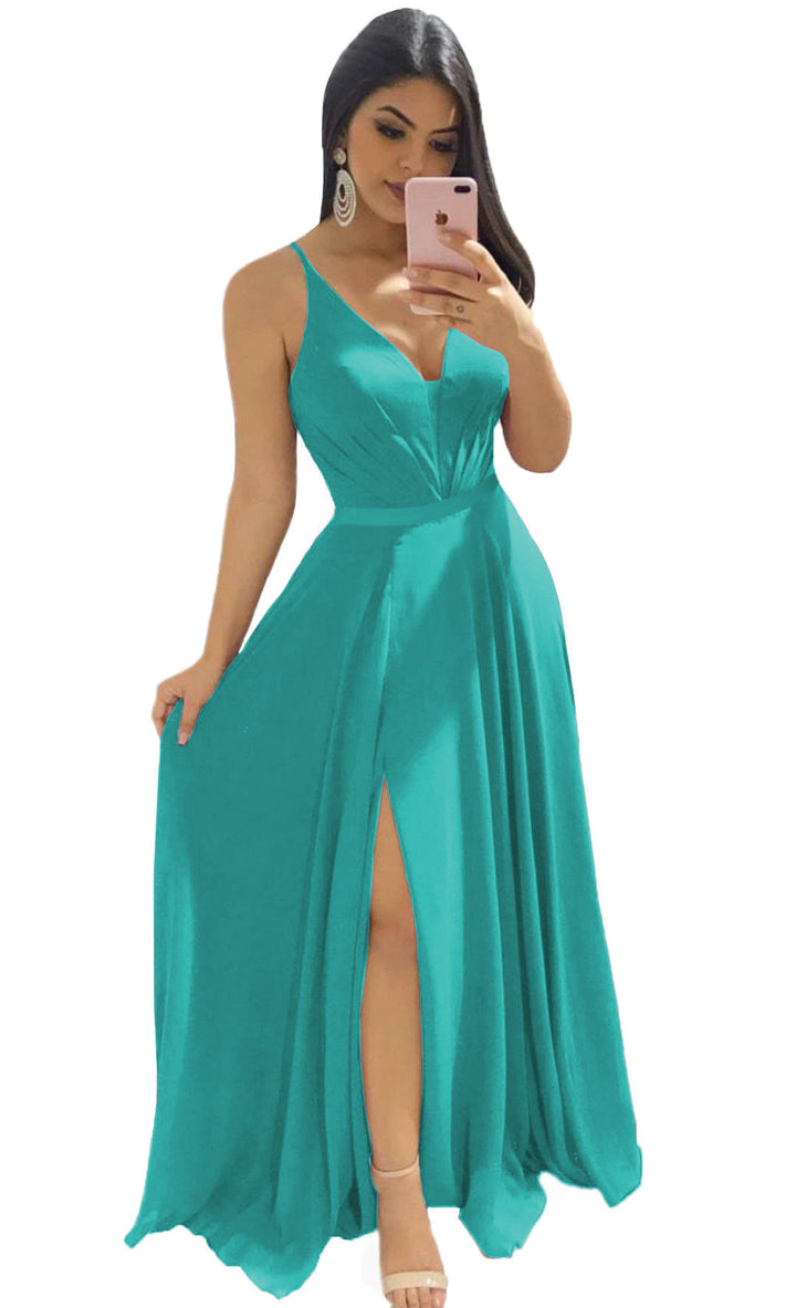 Robe de Demoiselle D'Honneur Coupe A-Line/Princess, Col en V, Sans Manches, Longueur Au Sol, avec Volants