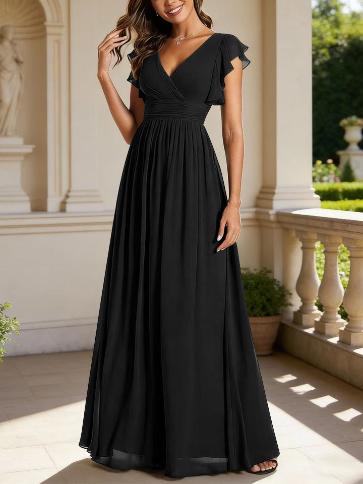 Robe de demoiselle d'honneur en mousseline de soie avec manches à volants et découpes au dos