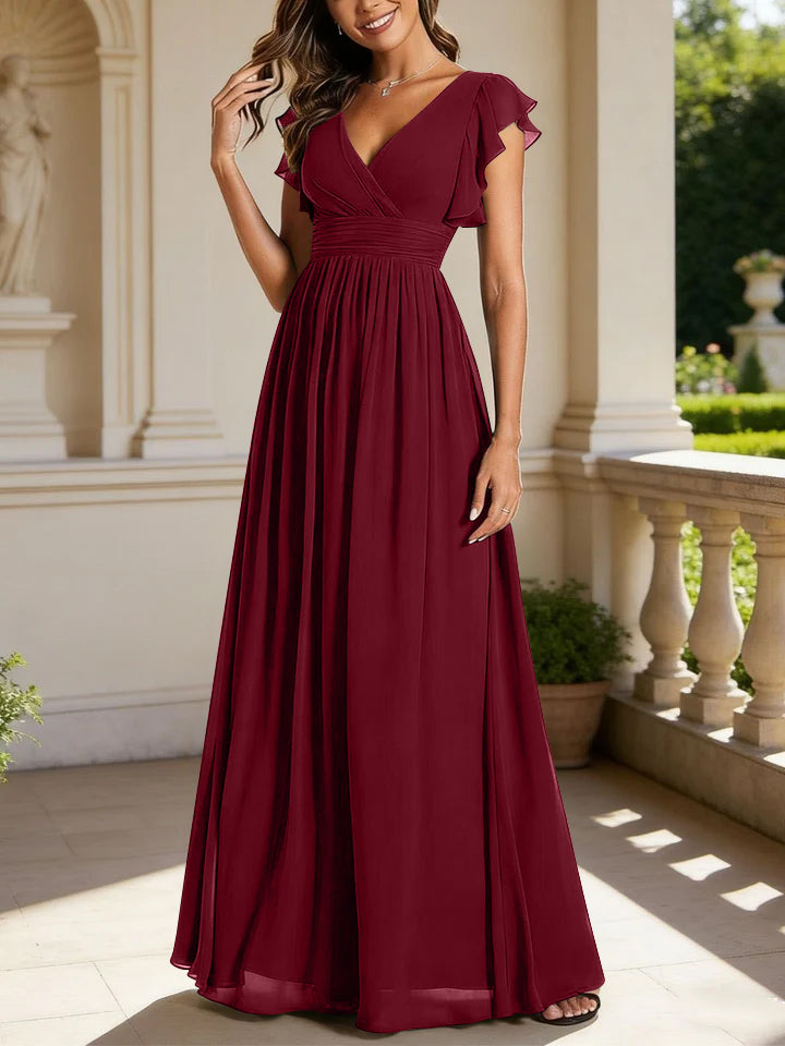 Robe de demoiselle d'honneur en mousseline de soie avec manches à volants et découpes au dos