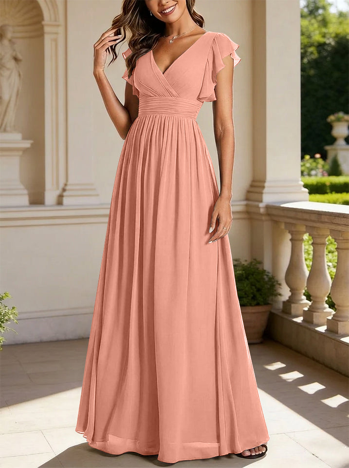 Robe de demoiselle d'honneur en mousseline de soie avec manches à volants et découpes au dos