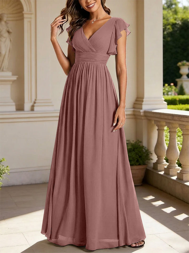 Robe de demoiselle d'honneur en mousseline de soie avec manches à volants et découpes au dos