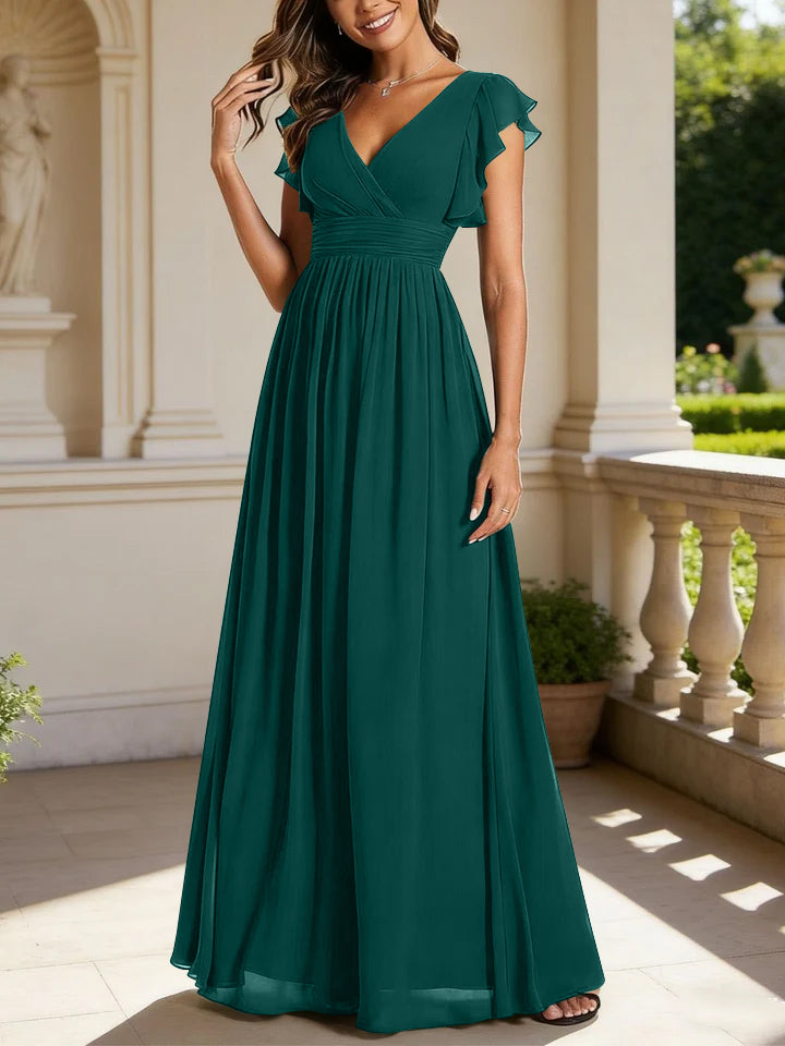 Robe de demoiselle d'honneur en mousseline de soie avec manches à volants et découpes au dos