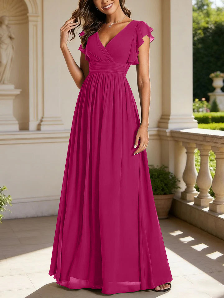 Robe de demoiselle d'honneur en mousseline de soie avec manches à volants et découpes au dos