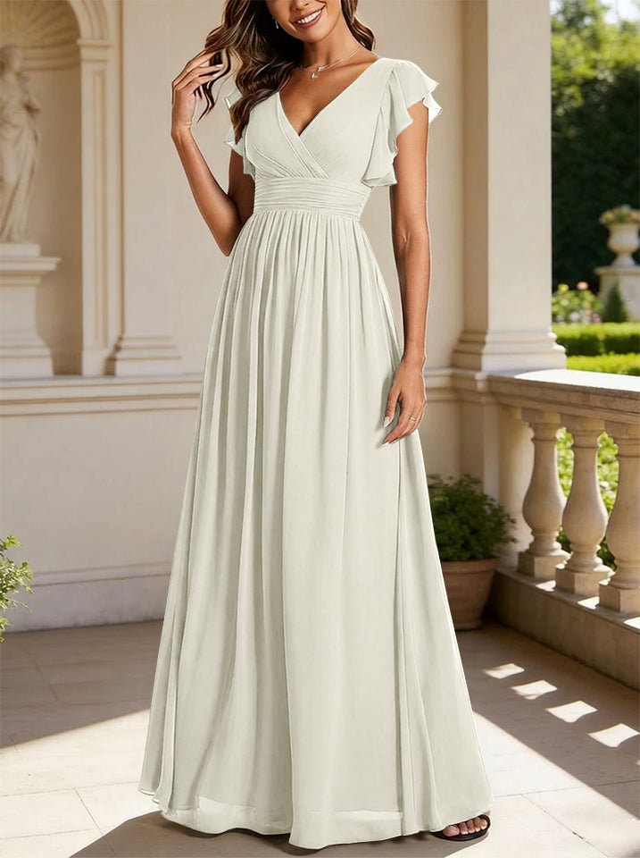 Robe de demoiselle d'honneur en mousseline de soie avec manches à volants et découpes au dos