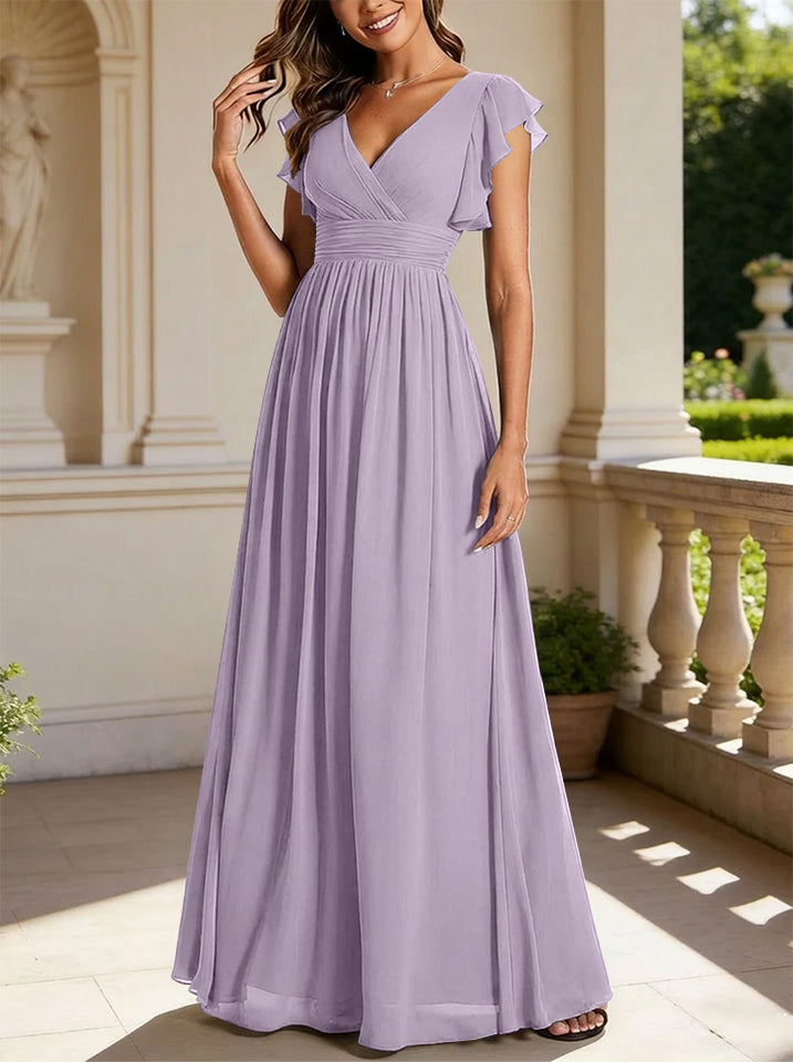 Robe de demoiselle d'honneur en mousseline de soie avec manches à volants et découpes au dos