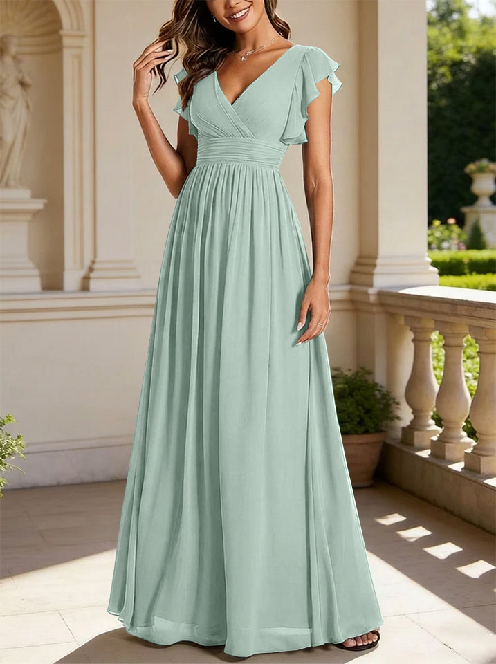 Robe de demoiselle d'honneur en mousseline de soie avec manches à volants et découpes au dos