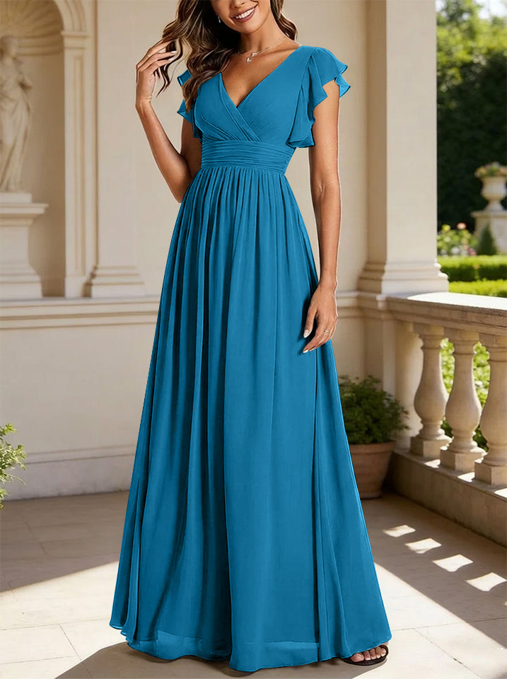 Robe de demoiselle d'honneur en mousseline de soie avec manches à volants et découpes au dos