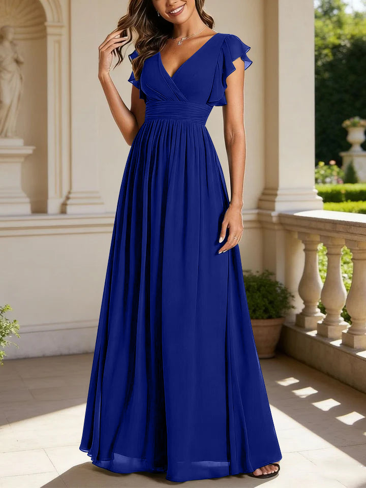 Robe de demoiselle d'honneur en mousseline de soie avec manches à volants et découpes au dos