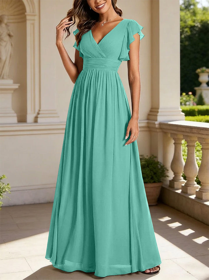 Robe de demoiselle d'honneur en mousseline de soie avec manches à volants et découpes au dos