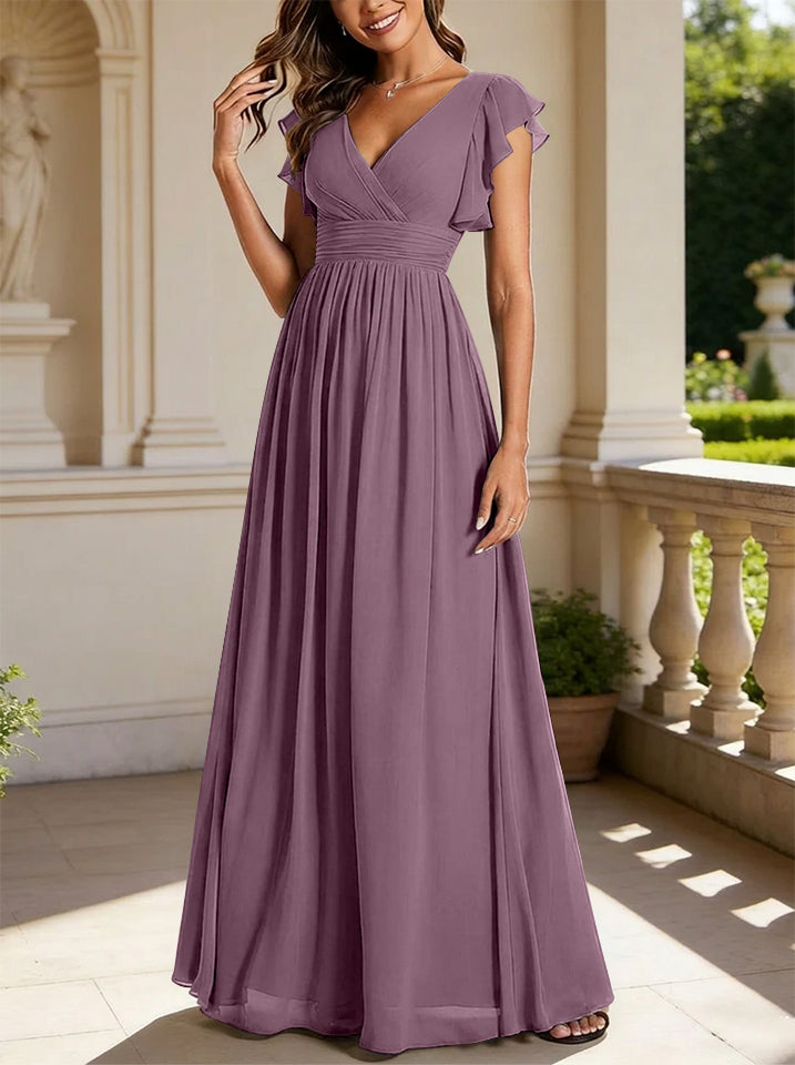Robe de demoiselle d'honneur en mousseline de soie avec manches à volants et découpes au dos