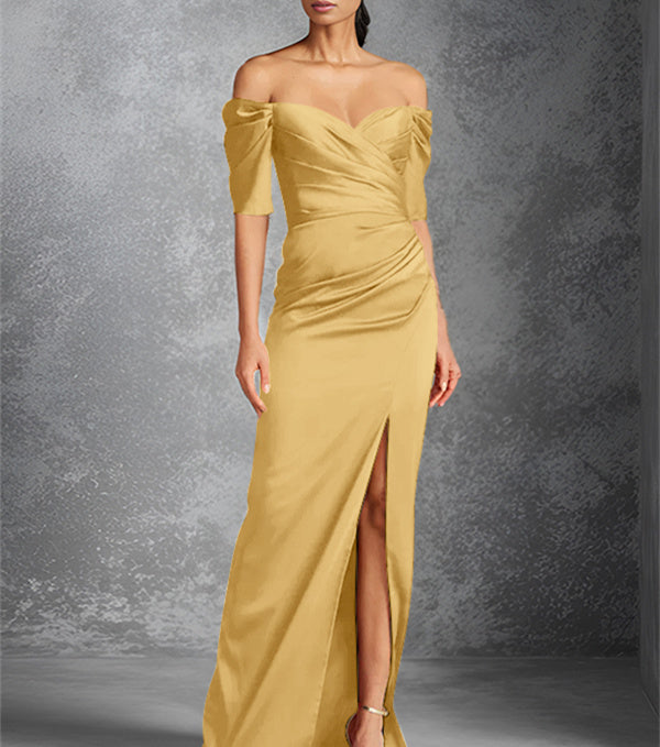 Robe de Mère de la Mariée Fourreau/Colonne à Épaules Dénudées et Manches Courtes, Longueur Au Sol, avec Devant Fendu