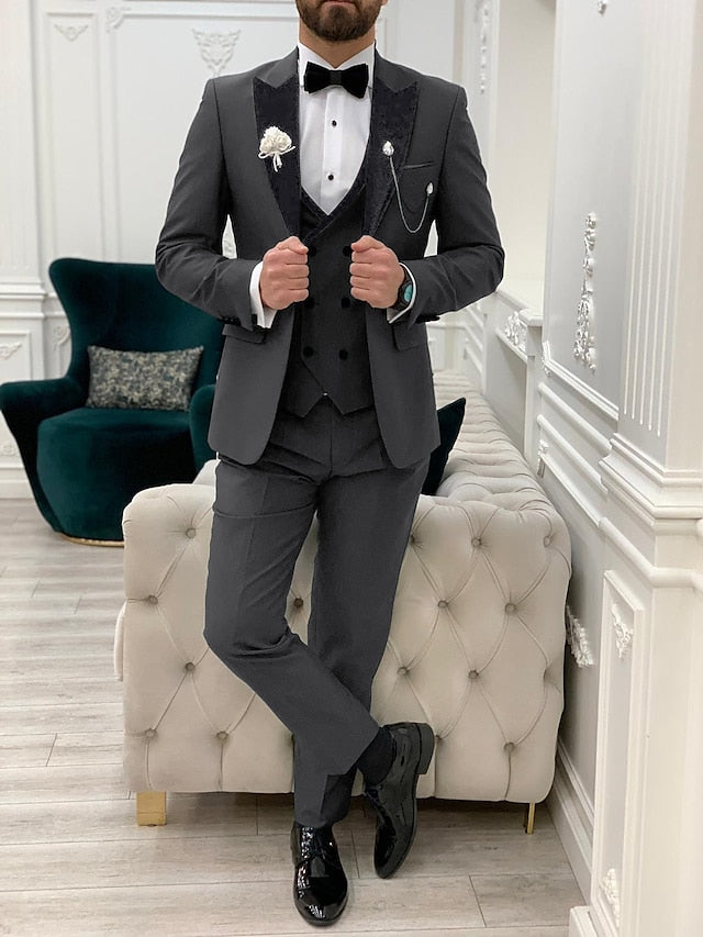 Costumes de Mariage 3 Pièces pour Hommes, Coupe Ajustée, Simple Boutonnage, Couleur Unie