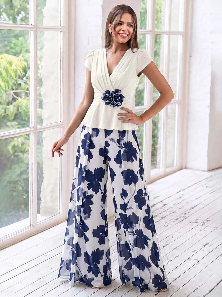 Combinaison de Mère de la Mariée à Fleurs, Coupe A-Line/Princesse, Col en V, Manches Courtes, Longueur Au Sol, Motif Floral