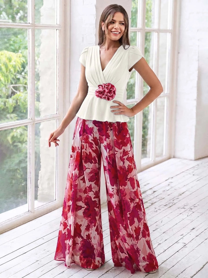 Combinaison de Mère de la Mariée à Fleurs, Coupe A-Line/Princesse, Col en V, Manches Courtes, Longueur Au Sol, Motif Floral