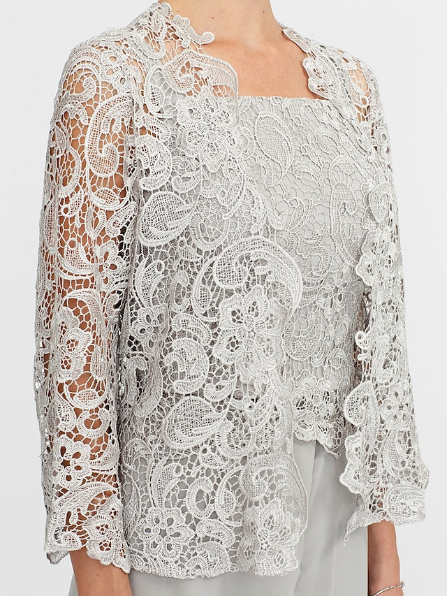 Tailleur-Pantalon en Mousseline à Col Carré et Longueur Au Sol pour Mère de la Mariée avec Veste et Fente Sur le Côté