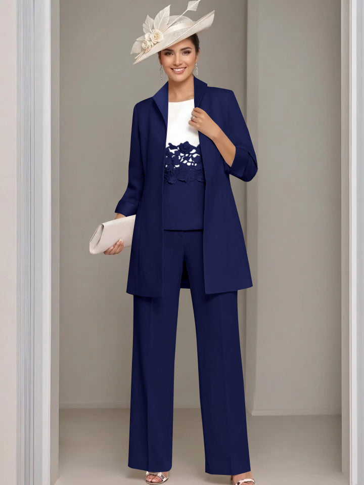 Ensemble 3 pièces pour mère de la mariée, pantalon longueur cheville, col carré, veste et dentelle appliquée
