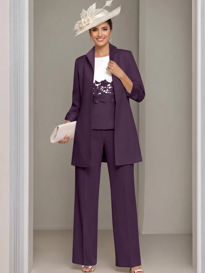 Ensemble 3 pièces pour mère de la mariée, pantalon longueur cheville, col carré, veste et dentelle appliquée