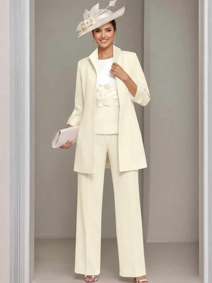 Ensemble 3 pièces pour mère de la mariée, pantalon longueur cheville, col carré, veste et dentelle appliquée
