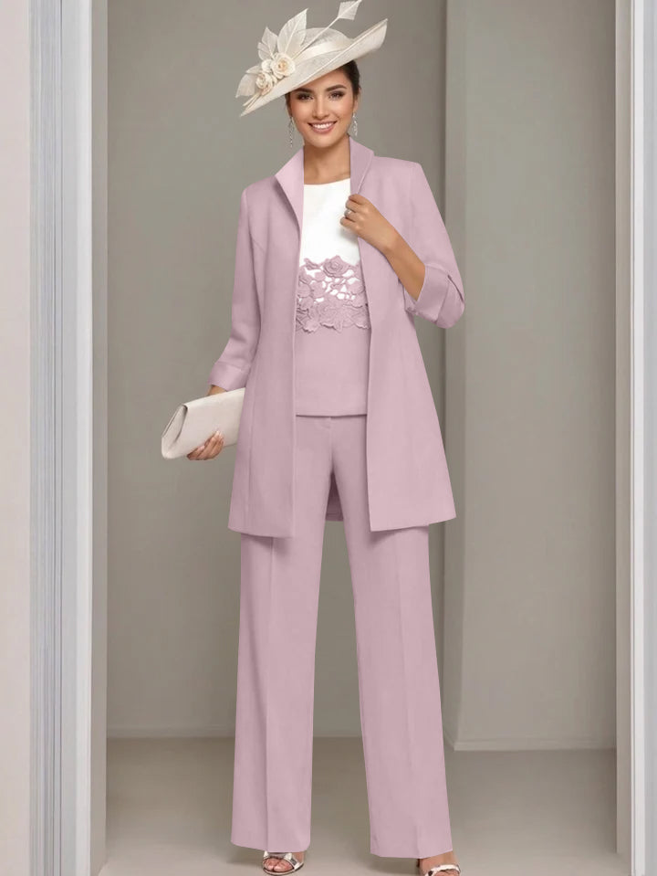 Ensemble 3 pièces pour mère de la mariée, pantalon longueur cheville, col carré, veste et dentelle appliquée