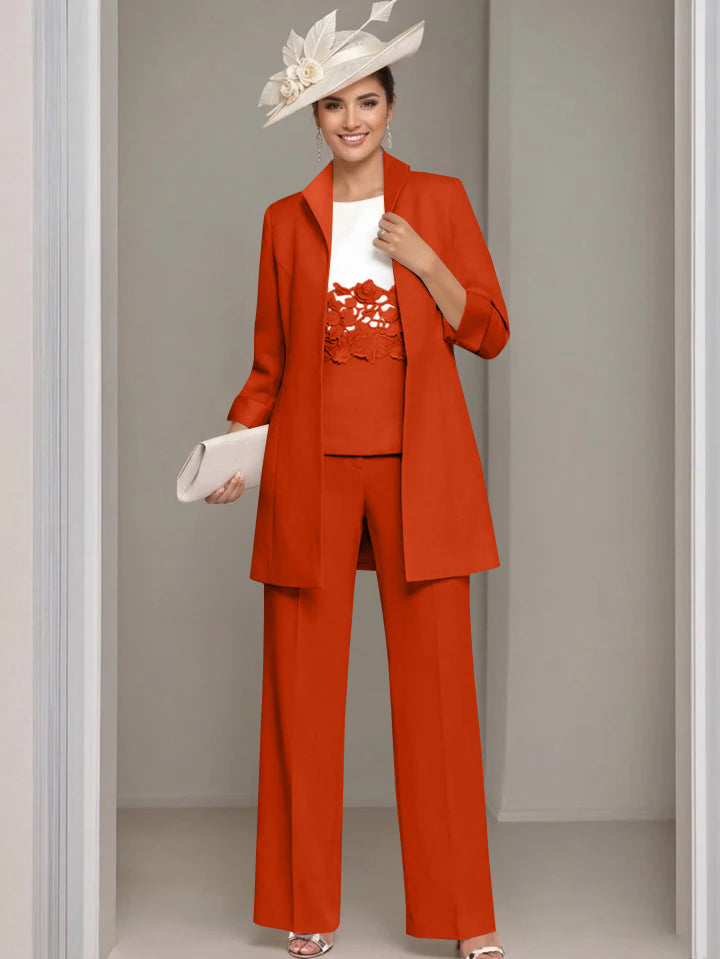 Ensemble 3 pièces pour mère de la mariée, pantalon longueur cheville, col carré, veste et dentelle appliquée