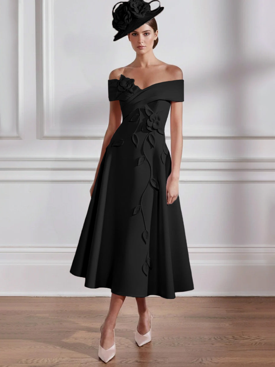 Robe Mère de la Mariée, Ligne A, Hors de l'épaule, Longueur Midi à Fleurs 3D, Sans Manches