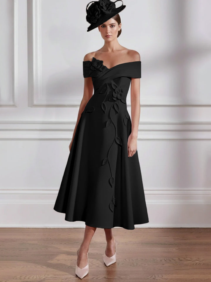 Robe Mère de la Mariée, Ligne A, Hors de l'épaule, Longueur Midi à Fleurs 3D, Sans Manches