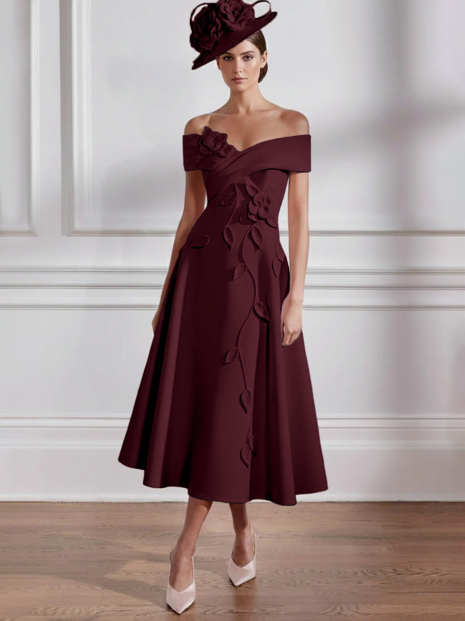 Robe Mère de la Mariée, Ligne A, Hors de l'épaule, Longueur Midi à Fleurs 3D, Sans Manches