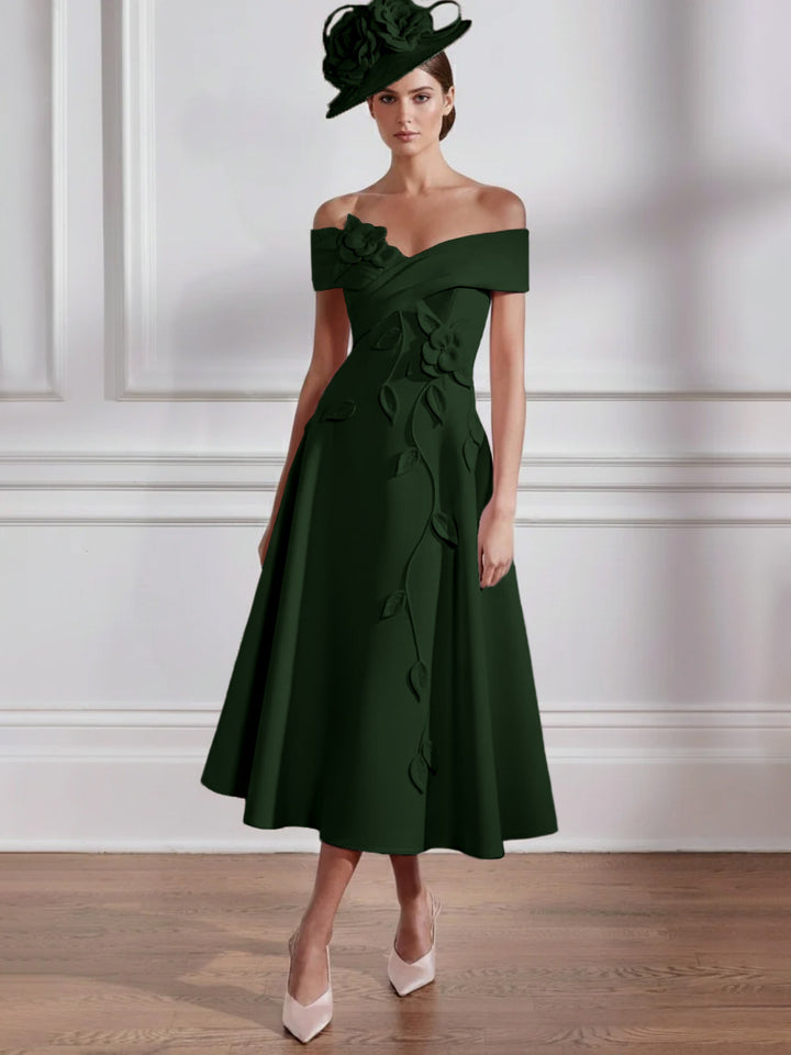 Robe Mère de la Mariée, Ligne A, Hors de l'épaule, Longueur Midi à Fleurs 3D, Sans Manches