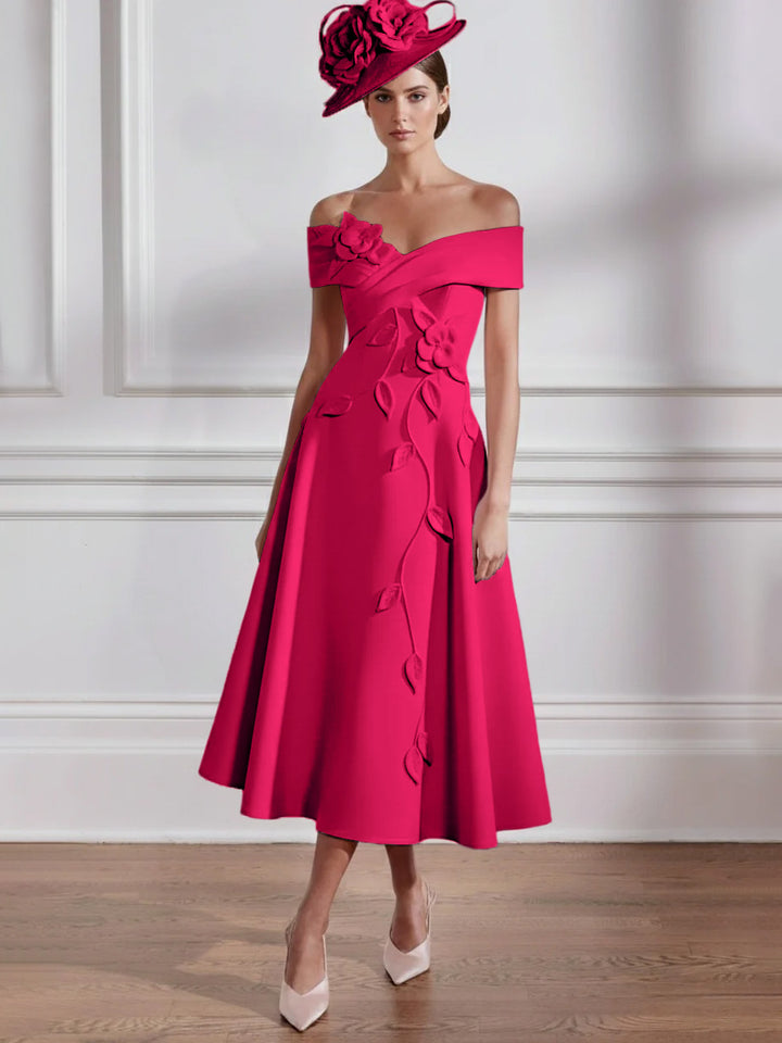 Robe Mère de la Mariée, Ligne A, Hors de l'épaule, Longueur Midi à Fleurs 3D, Sans Manches