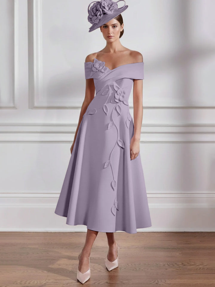 Robe Mère de la Mariée, Ligne A, Hors de l'épaule, Longueur Midi à Fleurs 3D, Sans Manches