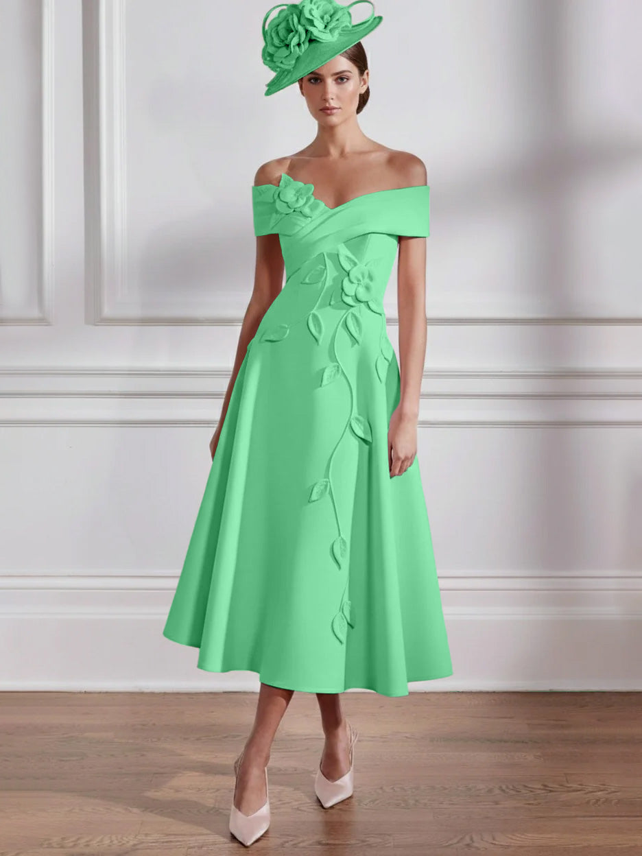Robe Mère de la Mariée, Ligne A, Hors de l'épaule, Longueur Midi à Fleurs 3D, Sans Manches