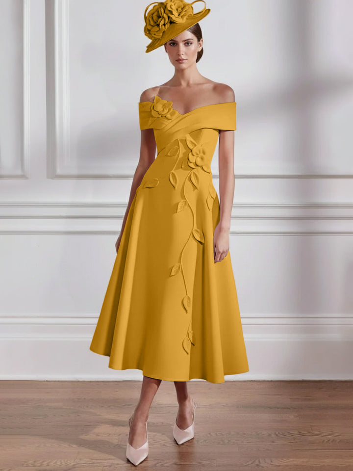 Robe Mère de la Mariée, Ligne A, Hors de l'épaule, Longueur Midi à Fleurs 3D, Sans Manches