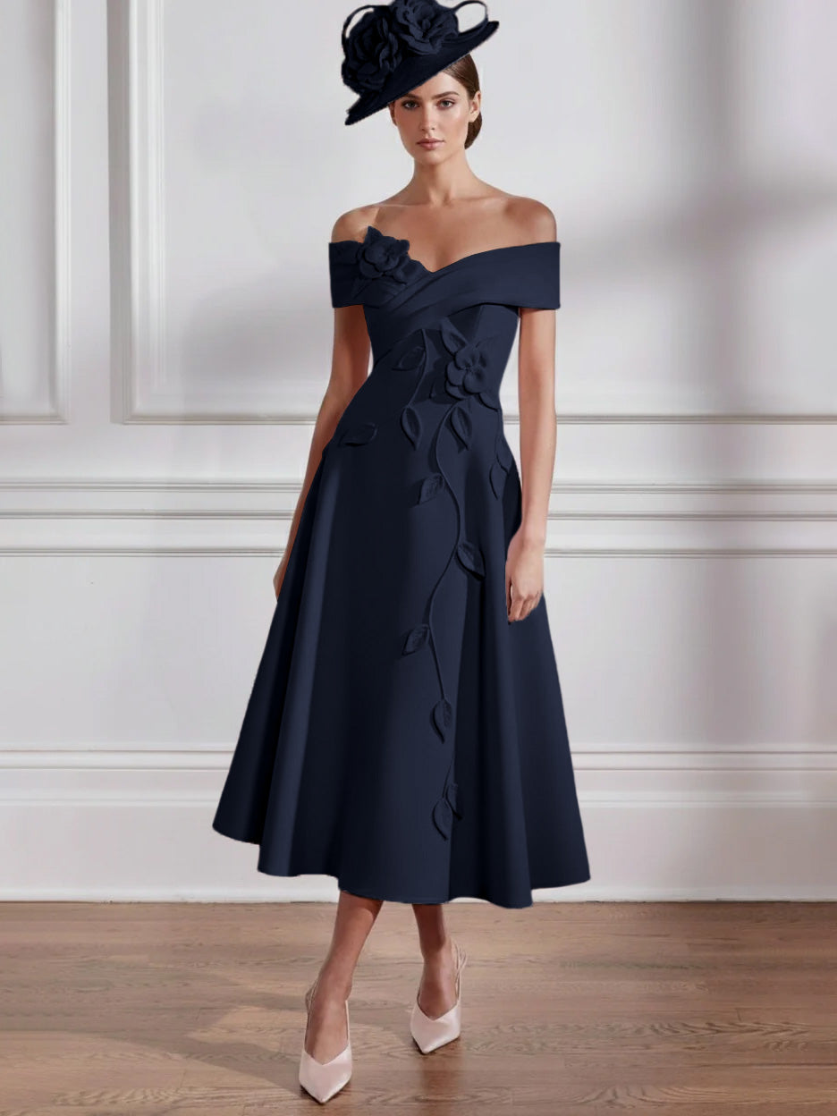Robe Mère de la Mariée, Ligne A, Hors de l'épaule, Longueur Midi à Fleurs 3D, Sans Manches