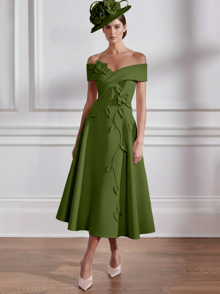 Robe Mère de la Mariée, Ligne A, Hors de l'épaule, Longueur Midi à Fleurs 3D, Sans Manches