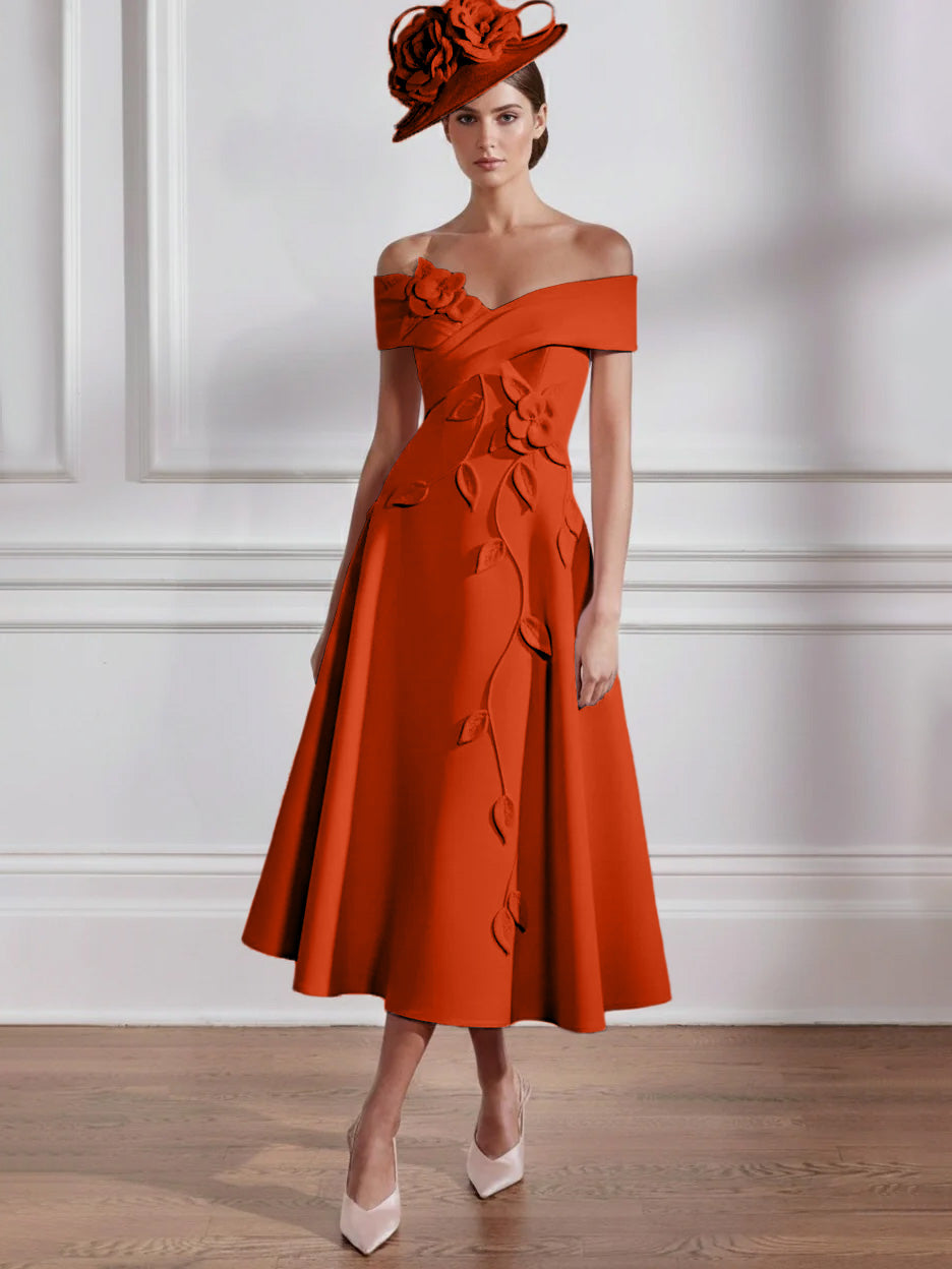 Robe Mère de la Mariée, Ligne A, Hors de l'épaule, Longueur Midi à Fleurs 3D, Sans Manches