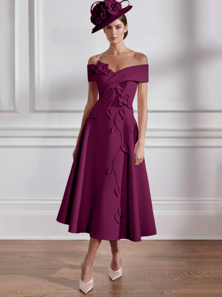 Robe Mère de la Mariée, Ligne A, Hors de l'épaule, Longueur Midi à Fleurs 3D, Sans Manches