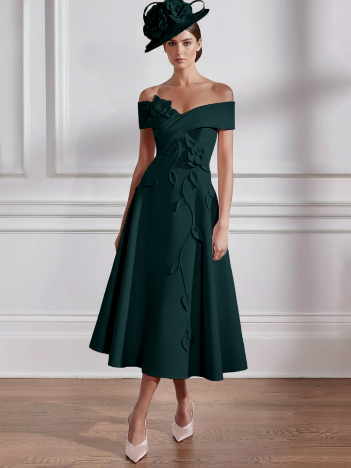 Robe Mère de la Mariée, Ligne A, Hors de l'épaule, Longueur Midi à Fleurs 3D, Sans Manches