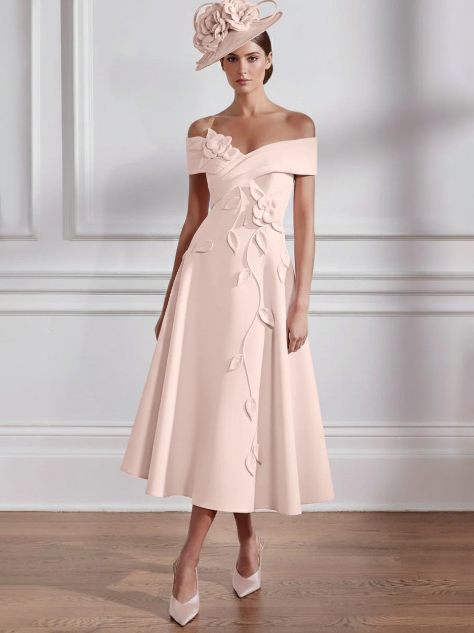 Robe Mère de la Mariée, Ligne A, Hors de l'épaule, Longueur Midi à Fleurs 3D, Sans Manches