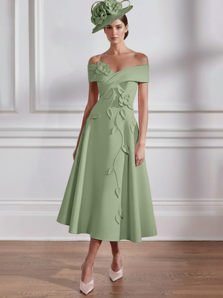 Robe Mère de la Mariée, Ligne A, Hors de l'épaule, Longueur Midi à Fleurs 3D, Sans Manches