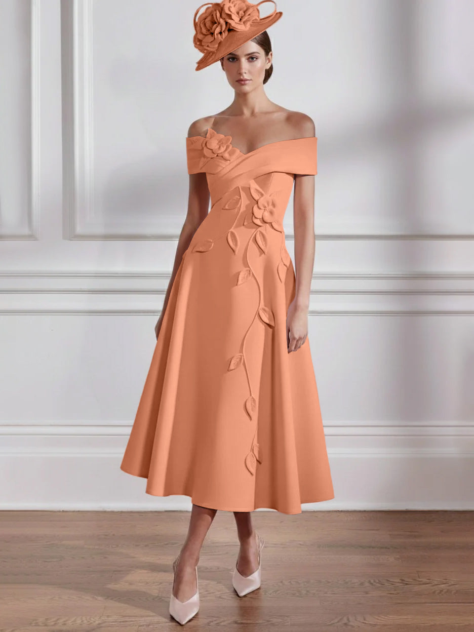 Robe Mère de la Mariée, Ligne A, Hors de l'épaule, Longueur Midi à Fleurs 3D, Sans Manches