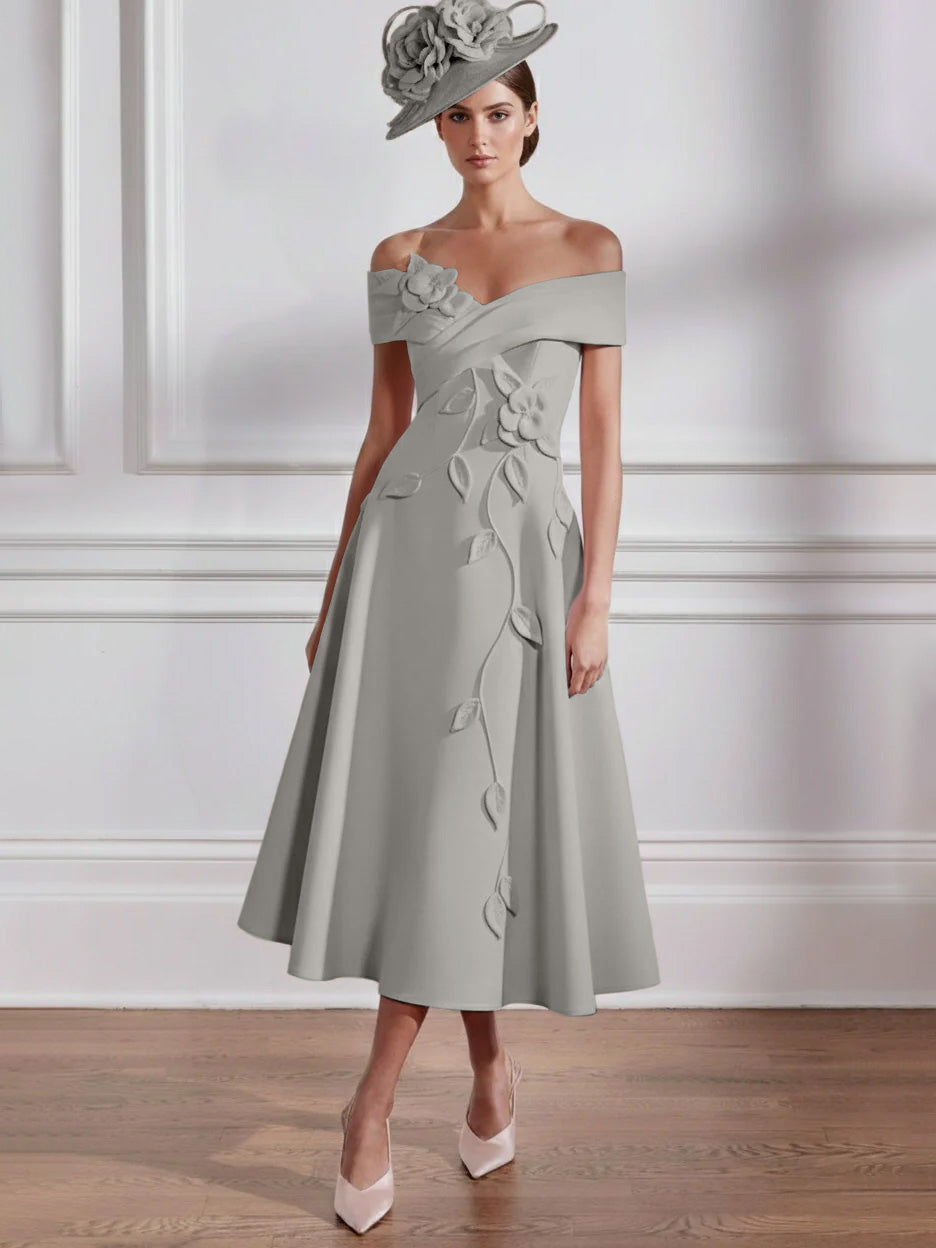 Robe Mère de la Mariée, Ligne A, Hors de l'épaule, Longueur Midi à Fleurs 3D, Sans Manches