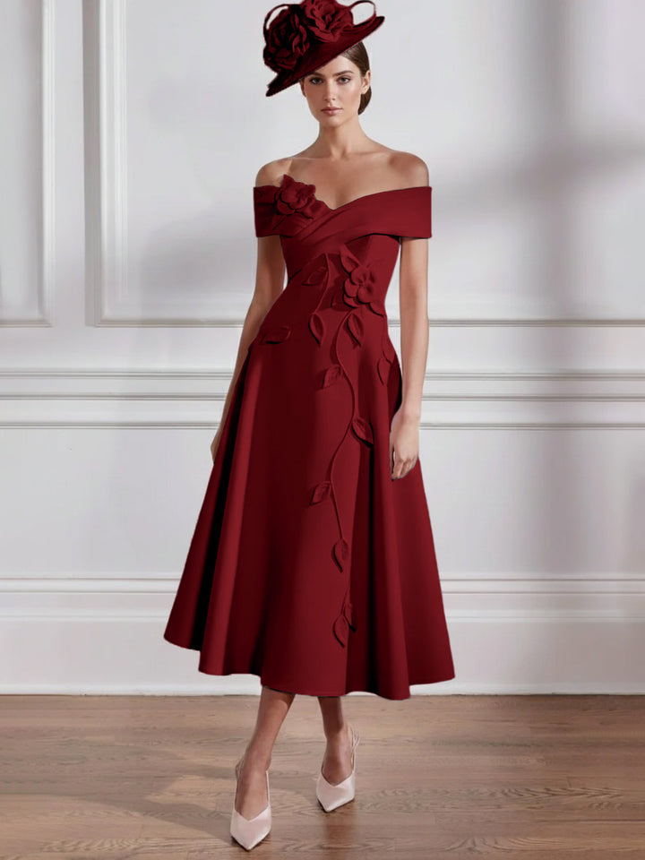 Robe Mère de la Mariée, Ligne A, Hors de l'épaule, Longueur Midi à Fleurs 3D, Sans Manches