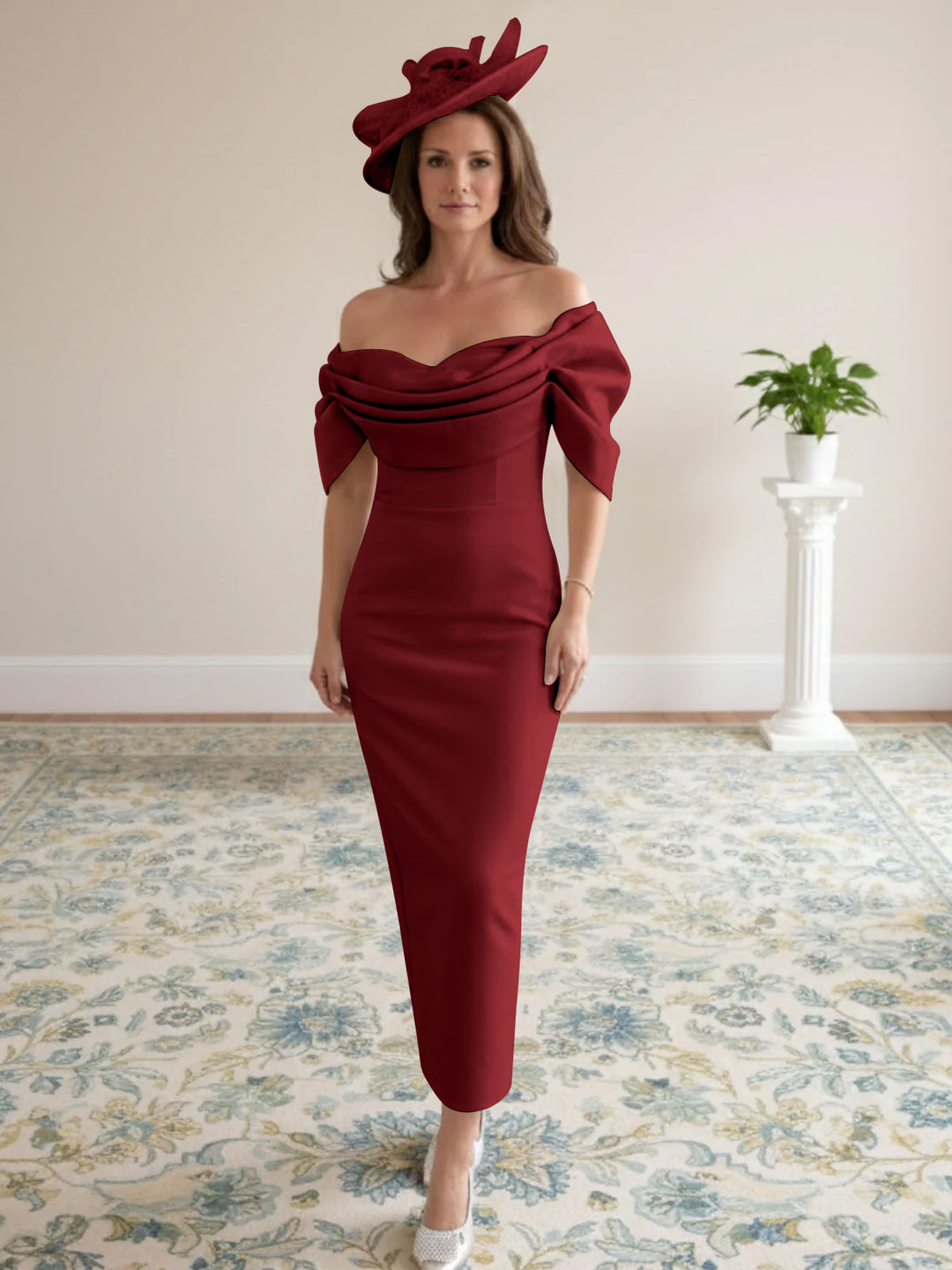 Robes de mère de la mariée coupe gaine/colonne avec manches 1/2, longueur cheville et décolleté off-the-shoulder