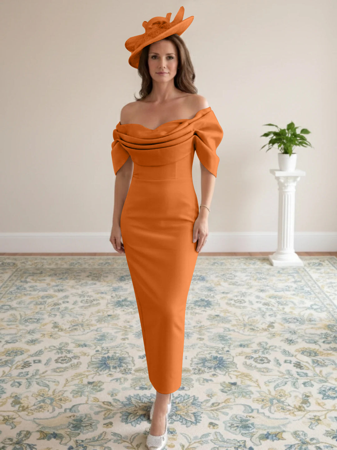 Robes de mère de la mariée coupe gaine/colonne avec manches 1/2, longueur cheville et décolleté off-the-shoulder