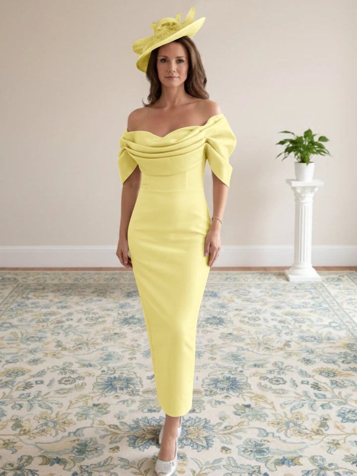 Robes de mère de la mariée coupe gaine/colonne avec manches 1/2, longueur cheville et décolleté off-the-shoulder