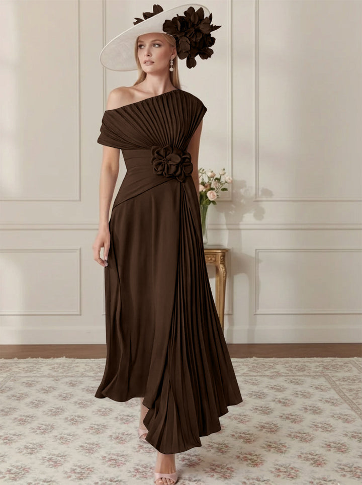 Robe Mère de la Mariée, Ligne A/Princesse, Hors de l'épaule, Crêpe Élastique, Manches Courtes, Plissé, Longueur de la Cheville