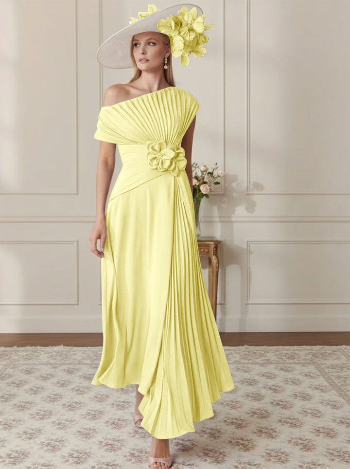 Robe Mère de la Mariée, Ligne A/Princesse, Hors de l'épaule, Crêpe Élastique, Manches Courtes, Plissé, Longueur de la Cheville
