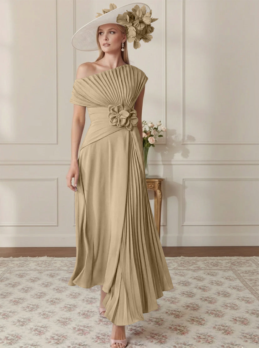 Robe Mère de la Mariée, Ligne A/Princesse, Hors de l'épaule, Crêpe Élastique, Manches Courtes, Plissé, Longueur de la Cheville